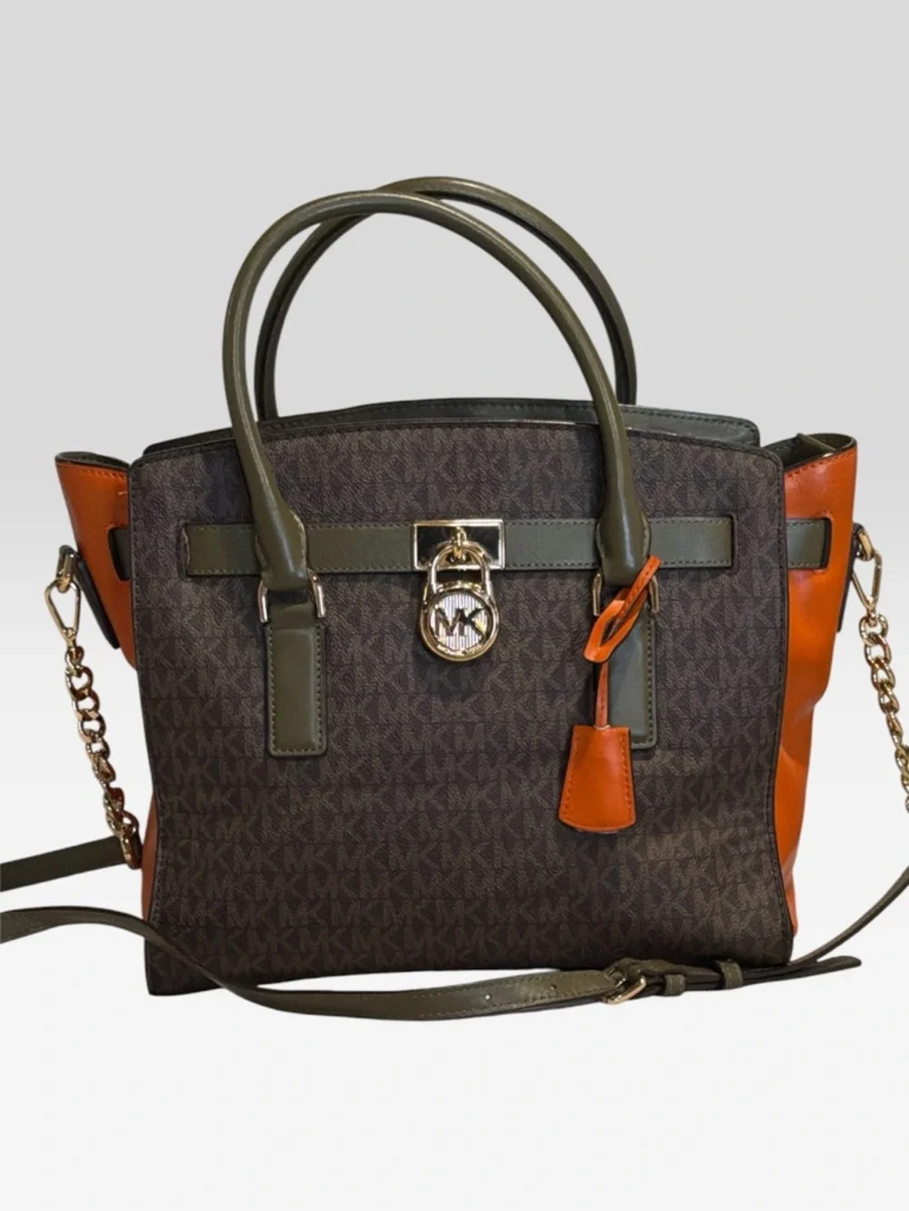 Michael Kors Hamilton Legacy Satchel - Brown Logo / Olive / Orange Colorblock